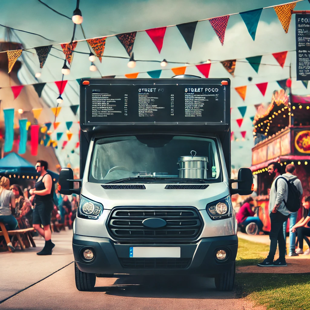 A vibrant and modern food van parked at a lively festival in the UK. The van is clean and stylish, serving gourmet street food to a few customers gath